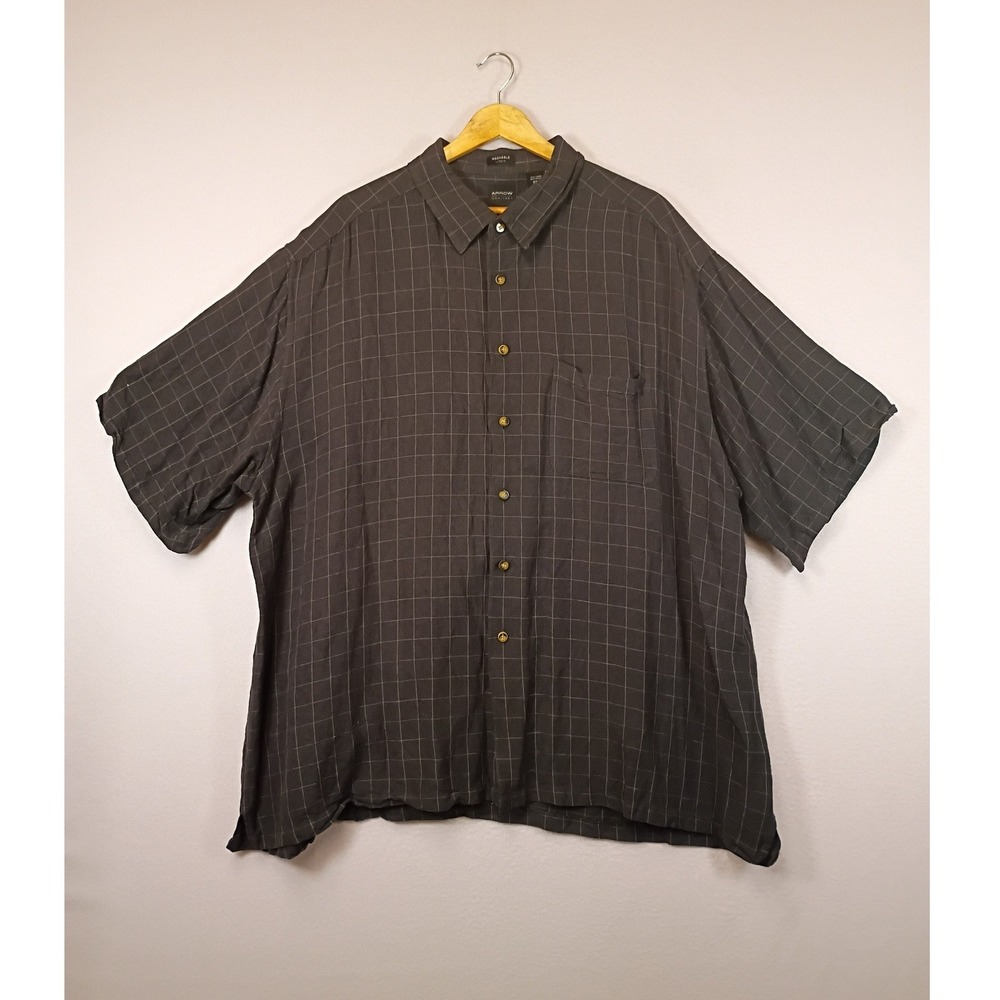 Dark Academia Arrow USA 1851 Mens 2XL Charcoal Grey Windowpane Linen Blend Shirt